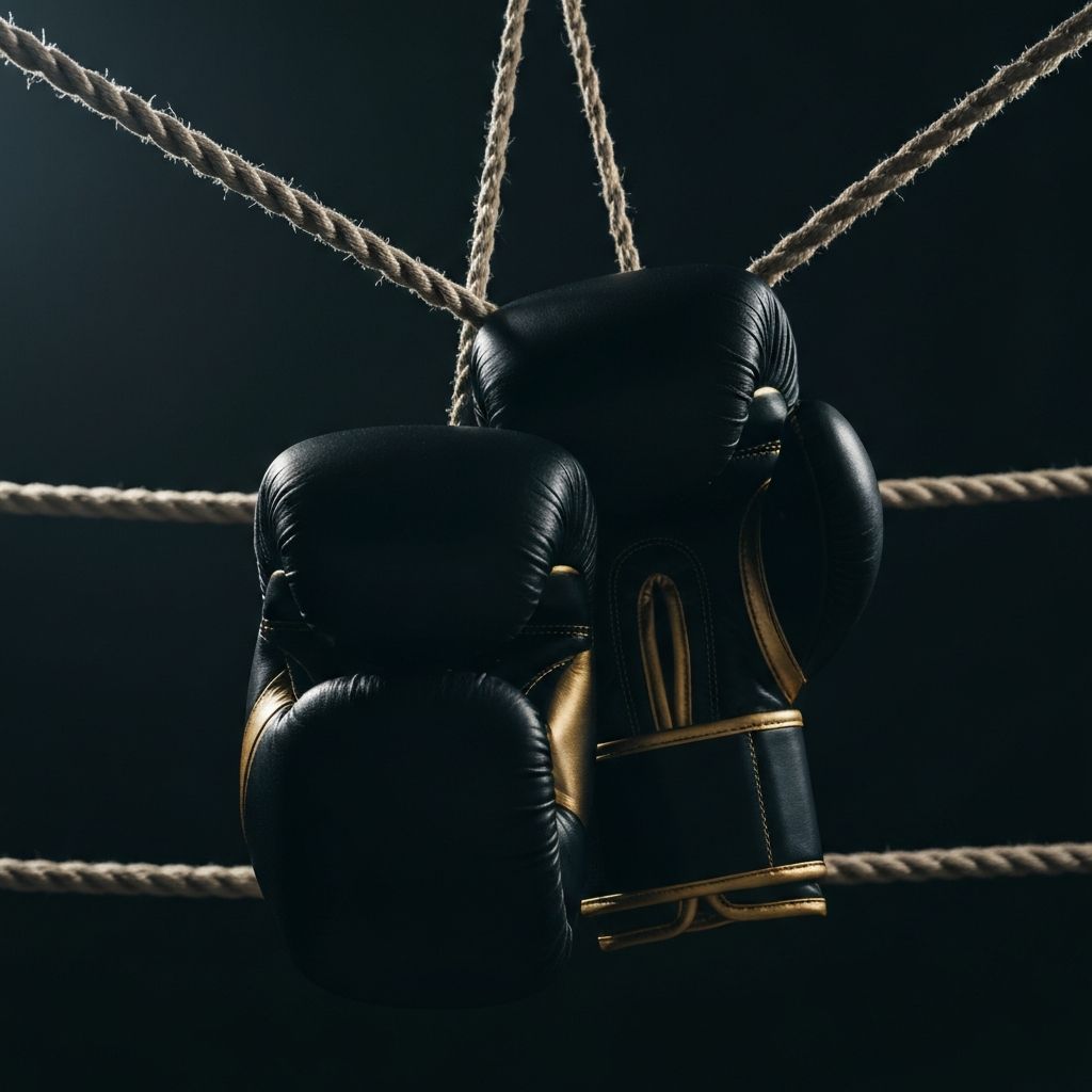 Sarung tinju hitam dan emas premium untuk pertandingan HSS HollyWings Sport Show