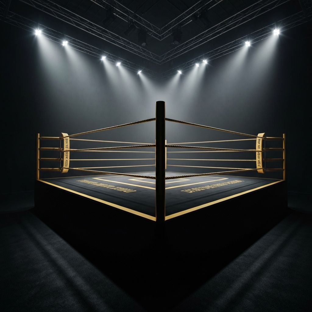 Ring tinju profesional HSS HollyWings Sport Show dengan pencahayaan emas di arena Jakarta