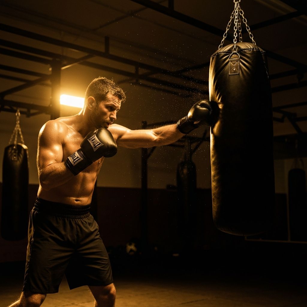 Petarung berlatih dengan samsak tinju untuk persiapan HSS HollyWings Sport Show